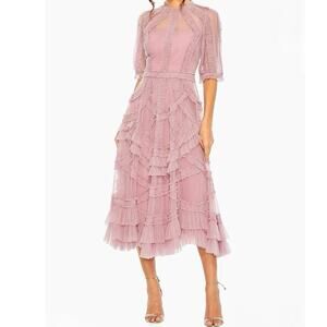 Mac Duggal High-Neck Gathered Tulle Midi-Dress Antique Rose Size 4